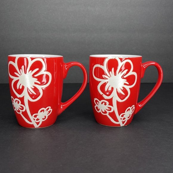 Red Floral Etch Design Mug Set of 2 - Picture 1 of 2